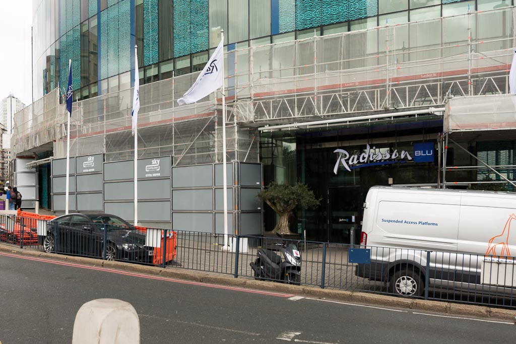 Scaffold to the Radisson Hotel in Birmingham with steel hoarding and pedestrian protection.