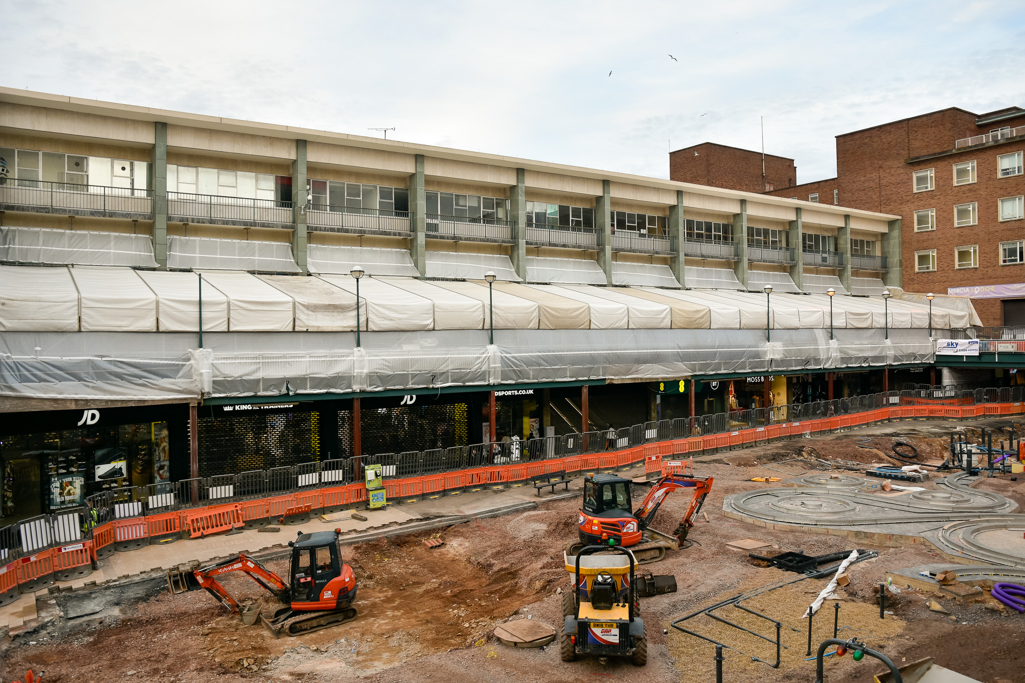 Temporary roof scaffold covering the Coventry Upper Precinct walkway.