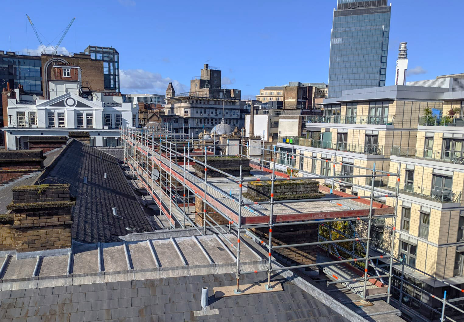 Layher system scaffold being used for chimney access in Birmingham.